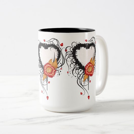Black Grunge Heart Zonnebloem Tweekleurige Koffiemok (Voorkant rechts)
