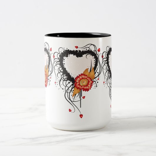 Black Grunge Heart Zonnebloem Tweekleurige Koffiemok (Center)