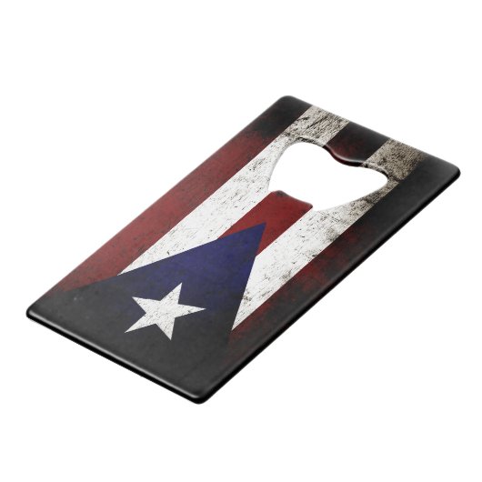 Black Grunge Puerto Rico Flag Creditkaart Flessenopener (Voorkant Gekanteld)