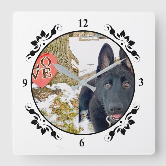 Black GSD Puppy & Love Heart Square Wall Clock Vierkante Klok (Voorkant)