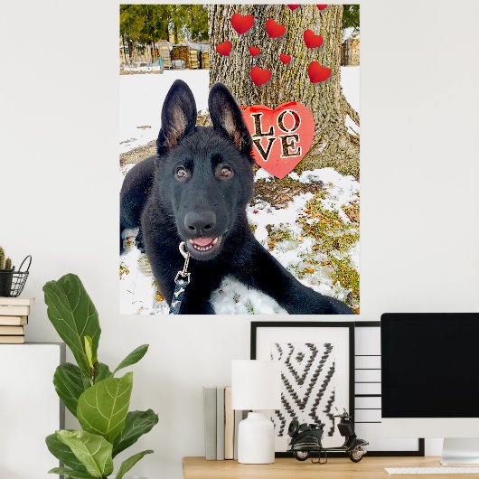 Black GSD Puppy met hart en grote liefdesValentijn Poster (Thuiskantoor)