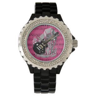 Black Guitar Pink Sheet Music Silver Crystal Horloge