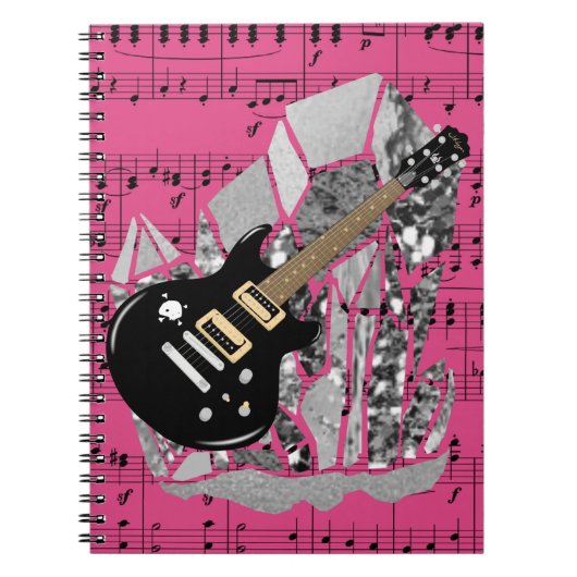 Black Guitar Pink Sheet Music Silver Crystal Notitieboek (Voorkant)