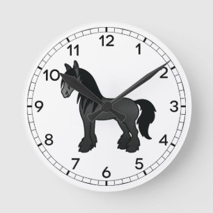 Black Gypsy Vanner Clydesdale Shire Cartoon Horse Ronde Klok