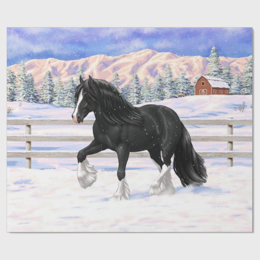Black gypsy vanner Irish Cob Draft Horse in sneeuw Cadeaupapier (Vlak)