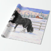 Black gypsy vanner Irish Cob Draft Horse in sneeuw Cadeaupapier (Uitgerold)