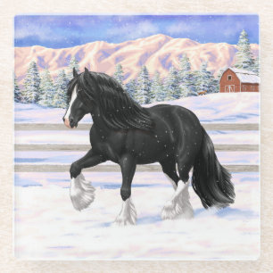 Black gypsy vanner Irish Cob Draft Horse in sneeuw Glazen Onderzetter