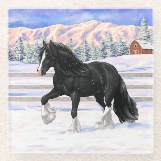 Black gypsy vanner Irish Cob Draft Horse in sneeuw Glazen Onderzetter (Voorkant)