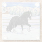 Black gypsy vanner Irish Cob Draft Horse in sneeuw Glazen Onderzetter (Achterkant)