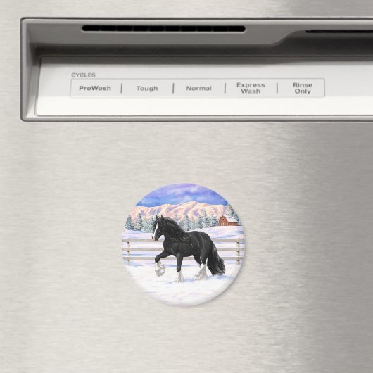 Black gypsy vanner Irish Cob Draft Horse in sneeuw Magneet (Insitu (Vaatwasser))