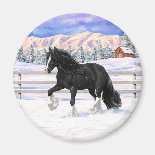 Black gypsy vanner Irish Cob Draft Horse in sneeuw Magneet