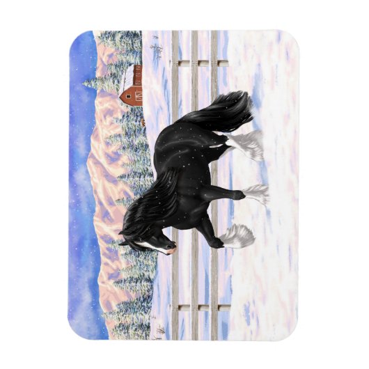 Black gypsy vanner Irish Cob Draft Horse in sneeuw Magneet (Verticaal)