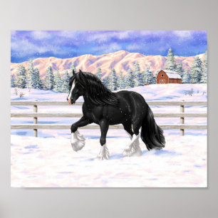 Black gypsy vanner Irish Cob Draft Horse in sneeuw Poster