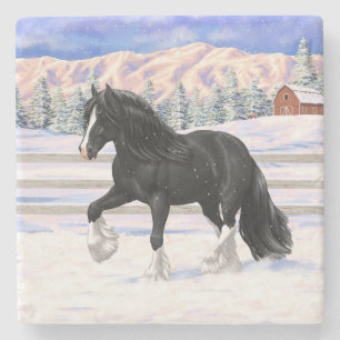 Black gypsy vanner Irish Cob Draft Horse in sneeuw Stenen Onderzetter