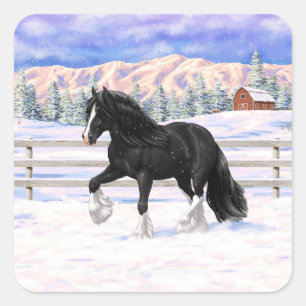 Black gypsy vanner Irish Cob Draft Horse in sneeuw Vierkante Sticker