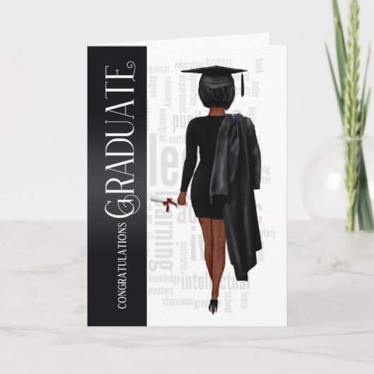 Black Hair Black Pet en Gown Vrouw Afstuderen Card Kaart (Voorkant)