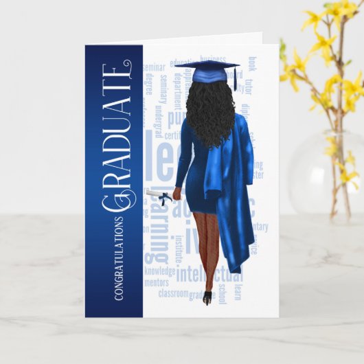 Black Hair Blue Pet en Gown Afstuderen Kaart (Gele Bloem)