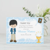 Black Hair Boy Eerste Communie Damask Bedankkaart (Staand voorkant)