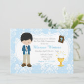 Black Hair Boy Eerste Communie Damask Kaart (Staand voorkant)