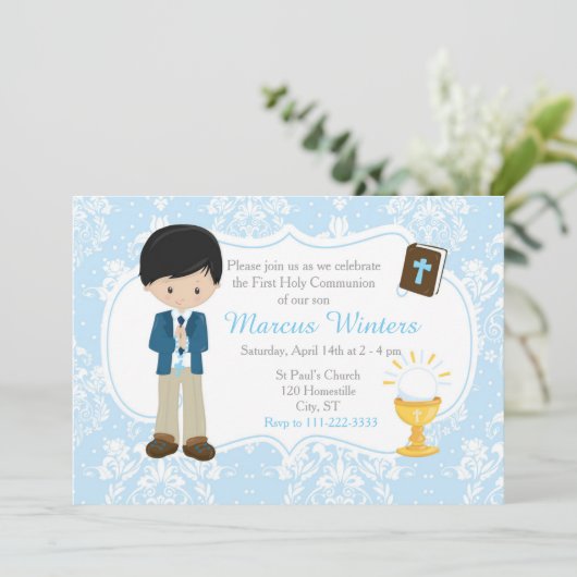 Black Hair Boy Eerste Communie Damask Kaart (Staand voorkant)