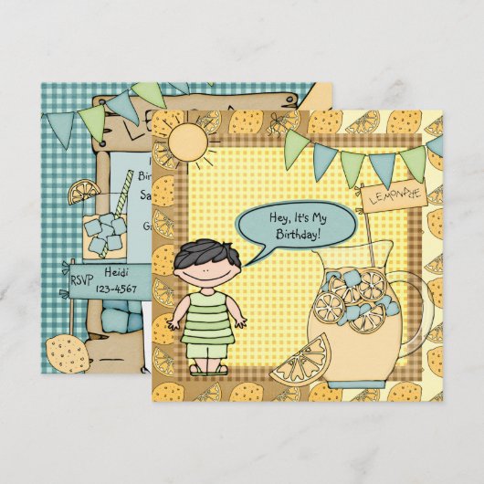 Black Hair Boy Summer Lemonade Birthday Invite Kaart (Voorkant / Achterkant)