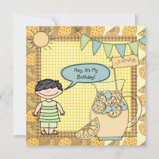 Black Hair Boy Summer Lemonade Birthday Invite Kaart (Voorkant)