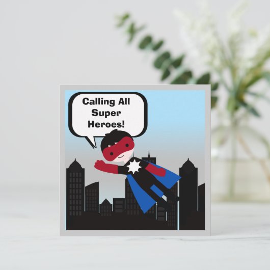 Black Hair Boy Super Hero Birthday Invitation Kaart (Staand voorkant)