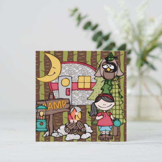 Black Hair Girl Camping Birthday-uitnodigingen Kaart (Staand voorkant)