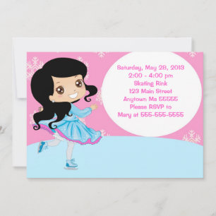 Black Hair Girl Ice Skating Birthday Invitation Kaart