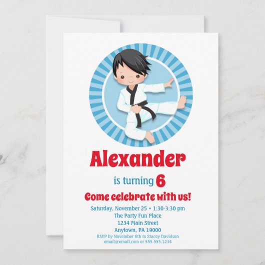 Black Hair Karate Judo Boys Birthday Uitnodiging (Voorkant)