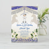 Black Hair Mexican Navy Blue Boy Baptism Birthday Kaart (Staand voorkant)