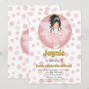 Black Hair Pink Fairy Girls Birthday Invitation Kaart