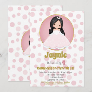 Black Hair Pink Princess Girls Birthday Invitation Kaart