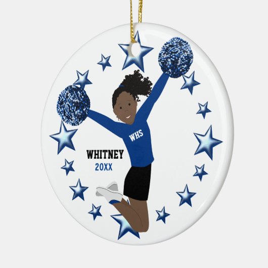 Black Hair Ponytail Pom Poms in blauw en zwart Keramisch Ornament (Links)