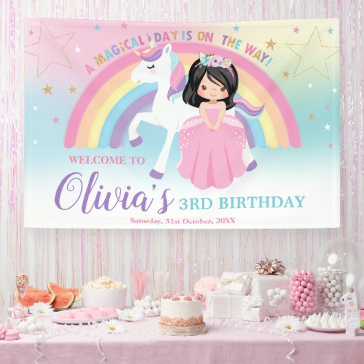 Black Hair Princess Roze Eenhoorn Verjaardag Welko Spandoek (Feest)
