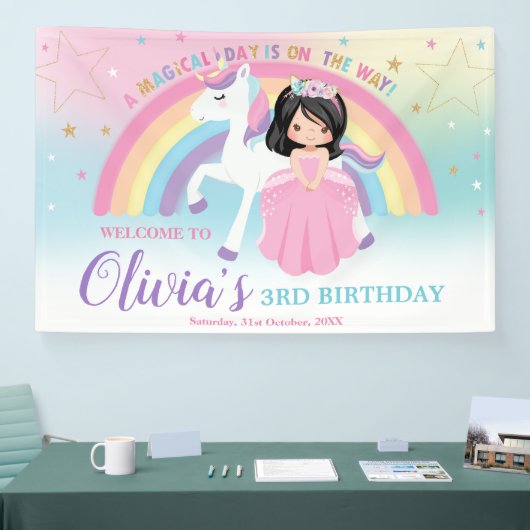 Black Hair Princess Roze Eenhoorn Verjaardag Welko Spandoek (Beurs)