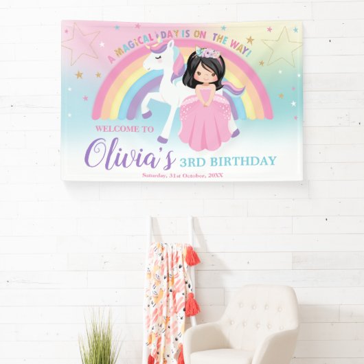 Black Hair Princess Roze Eenhoorn Verjaardag Welko Spandoek (Insitu)
