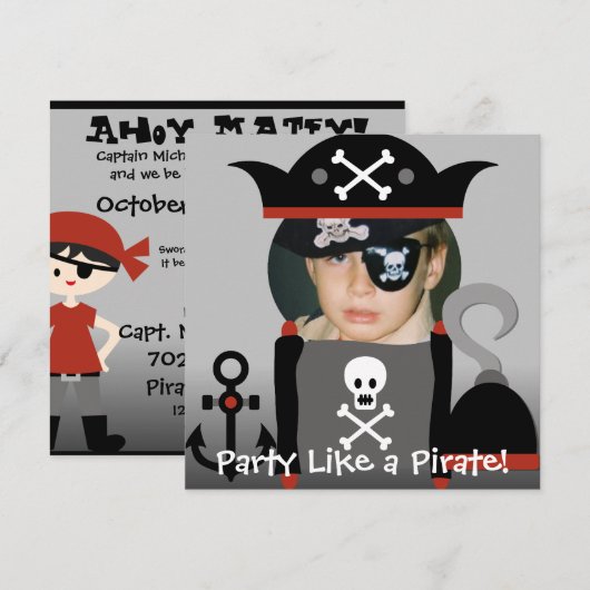 Black Haire Boy Party like a Pirate Invites Kaart (Voorkant / Achterkant)