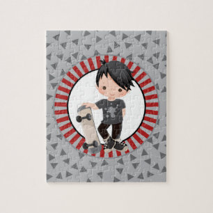 Black Haire Skateboard Boy - Grey Red Legpuzzel