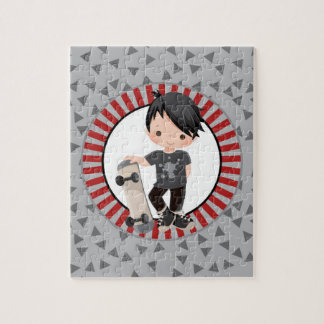 Black Haire Skateboard Boy - Grey Red Legpuzzel