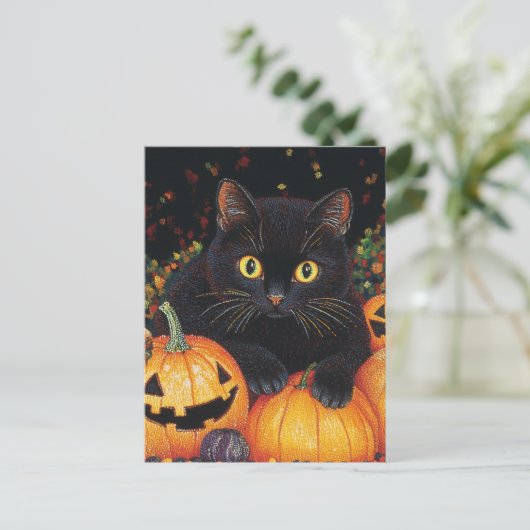 Black Halloween Cat Briefkaart (Staand voorkant)