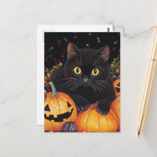 Black Halloween Cat Briefkaart (Voorkant / Achterkant in situ)
