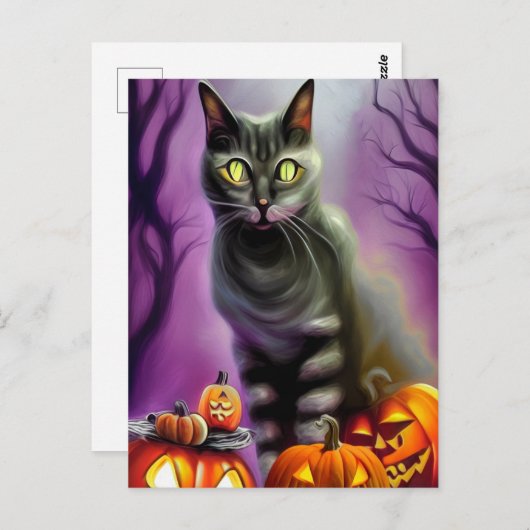 Black Halloween Cat en Carved Pumpkins Briefkaart (Voorkant / Achterkant)