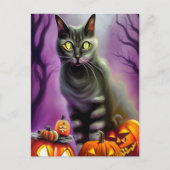 Black Halloween Cat en Carved Pumpkins Briefkaart (Voorkant)
