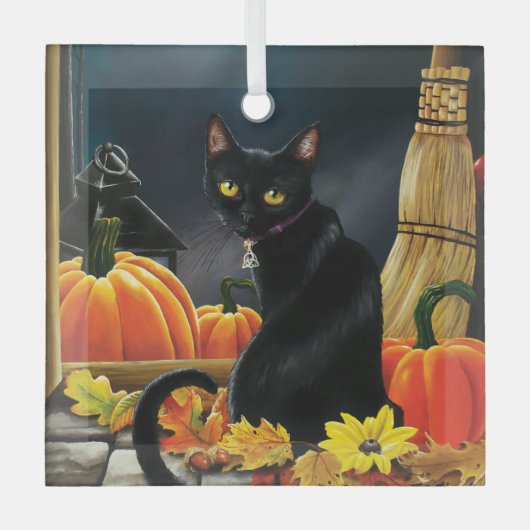 Black Halloween Cat Glas Ornament (Voorkant)