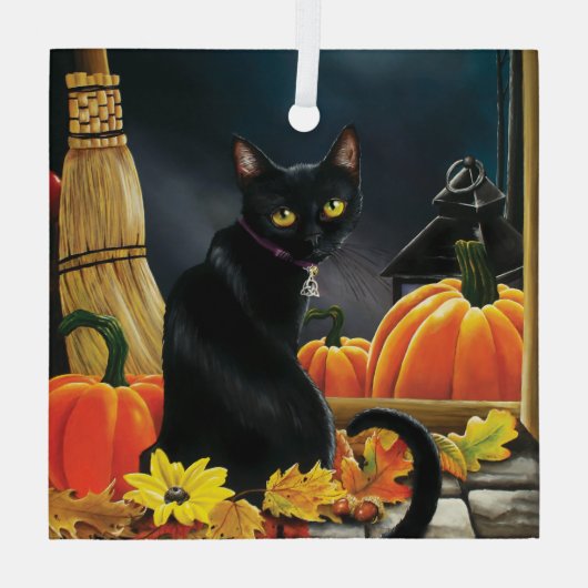 Black Halloween Cat Glas Ornament (Achterkant)