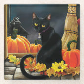 Black Halloween Cat Glazen Onderzetter (Voorkant)