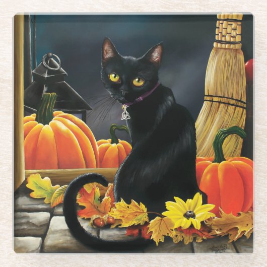 Black Halloween Cat Glazen Onderzetter (Voorkant)