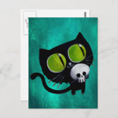 Black Halloween Cat met schedel Briefkaart (Voorkant / Achterkant)