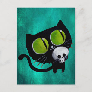 Black Halloween Cat met schedel Briefkaart